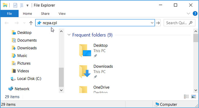 Mở công cụ Windows Network Connections bằng thanh địa chỉ File Explorer