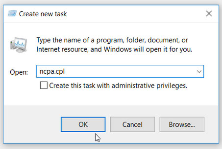 Mở công cụ Windows Network Connections bằng Task Manager
