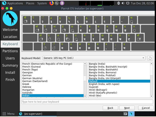 Keyboard layout screen on Parrot OS