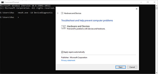Hardware and Devices troubleshooter trong Windows 10