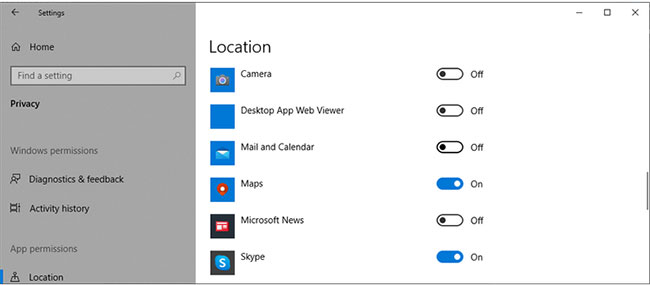 Cài đặt vị trí trong Windows 10