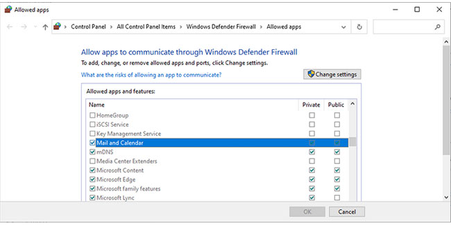 Cho phép Mail giao tiếp thông qua tường lửa Windows Defender