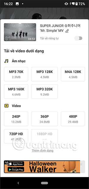 Tùy chọn tải video trên Snaptube