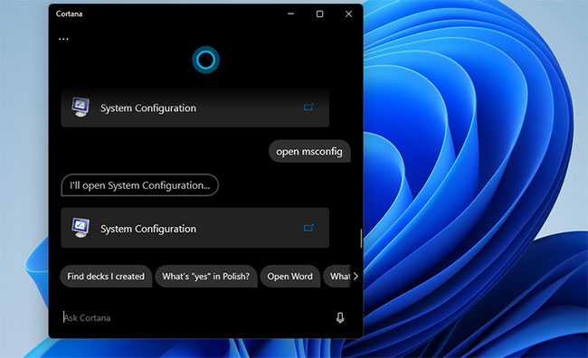 Nhập open MSConfig trong hộp Ask Cortana