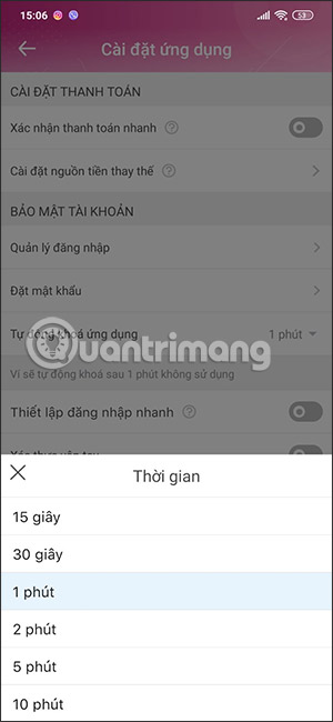 Thơi gian tự động khóa MoMo