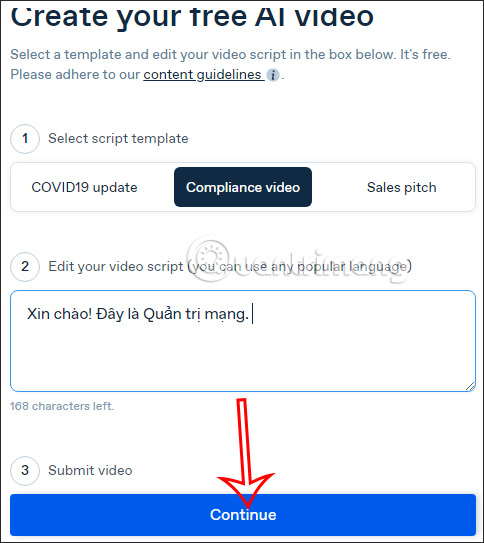 Nhập nội dung tạo video AI trên Synthesia