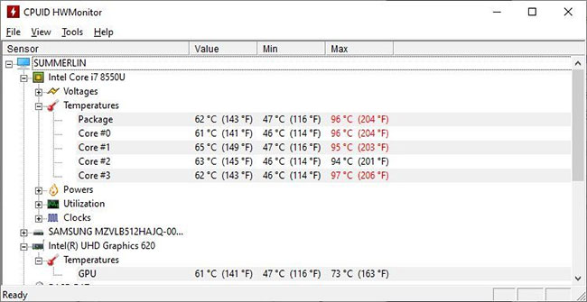 CPUID HWMonitor hiển thị nhiệt độ GPU và lõi Intel Core i7