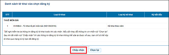 Chọn tờ khai thuế môn bài trên thuedientu