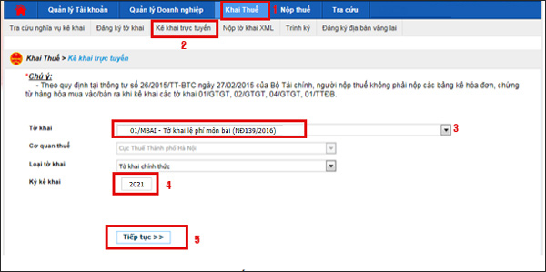 Điền thông tin kê khai thuế môn bài trên thuedientu