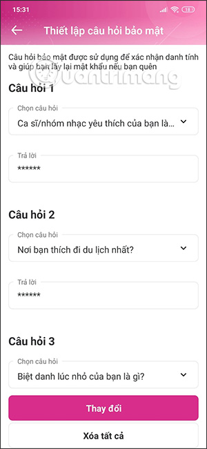 Thay đổi phương thức bảo mật MoMo
