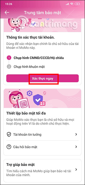 Chụp ảnh khuôn mặt trên ví MoMo