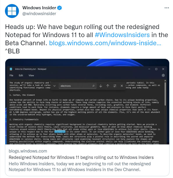 Microsoft phát hành ứng dụng Notepad cho người dùng Windows 11 trong Beta channel