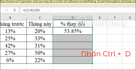 Phím tắt kéo công thức Excel