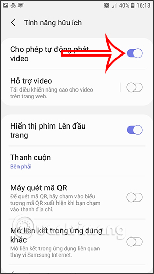 Bật phát video tự động Samsung Internet