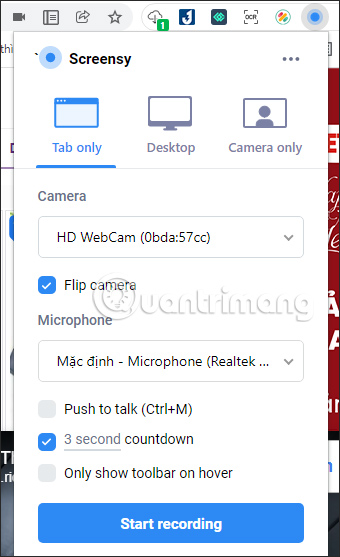 Chế độ quay video màn hình Chrome trên Screensy