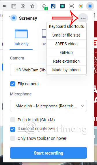 Tùy chọn quay video màn hình Chrome trên Screensy