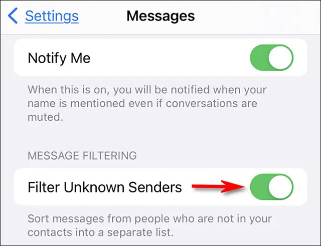 Bật “Filter Unknown Senders” 