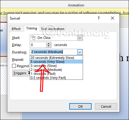 Passen Sie die Zeit an, um den Effekt in PowerPoint anzuzeigen