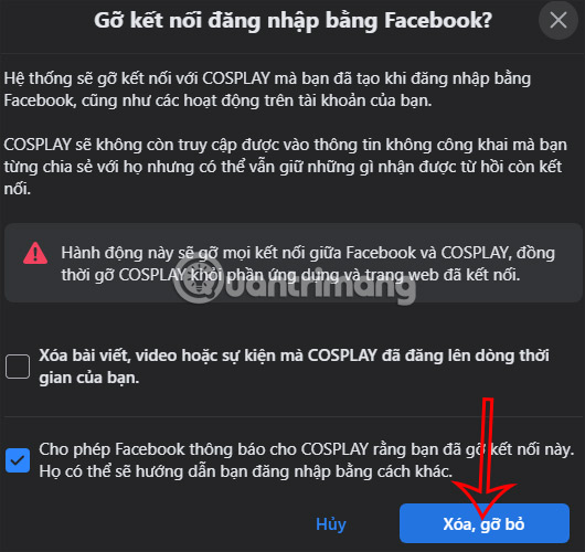 Thông tin xóa ứng dụng liên kết Facebook PC