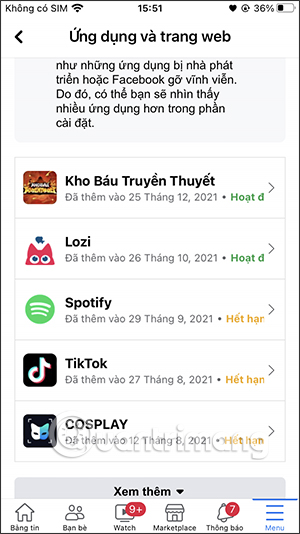 Chọn ứng dụng gỡ với Facebook