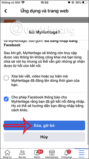 Xóa gỡ liên kết với Facebook