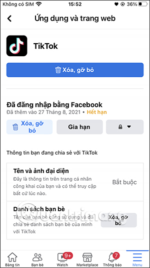 Tùy chọn gỡ ứng dụng Facebook