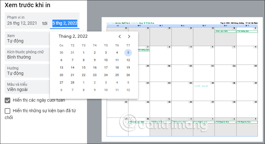 Giao diện chỉnh lịch in tuần trên Google Calendar
