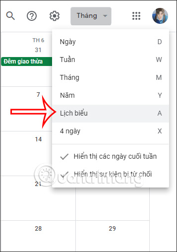 Lịch biểu trên Google Calendar