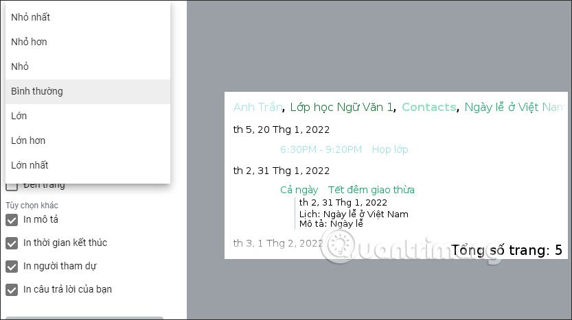 In sự kiện trên Google Calendar