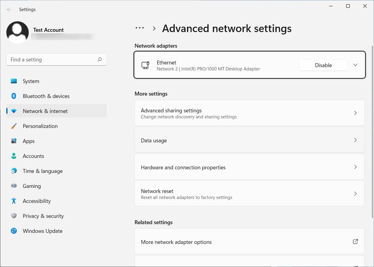 Advanced Network Settings trên Windows 11