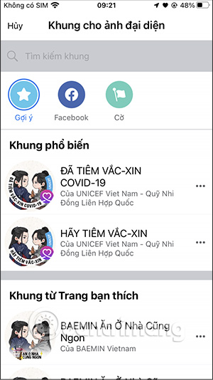 Giao diện tìm khung avatar