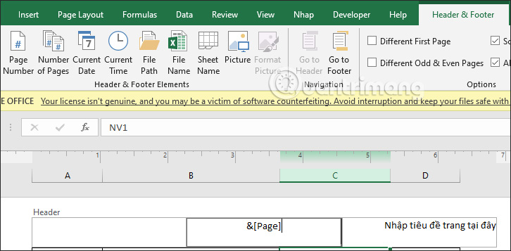 Chèn thêm nội dung vào tiêu đề trong Excel