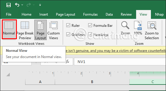 Chế độ xem mặc định trong Excel