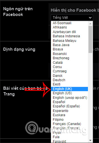 Chọn ngôn ngữ mới Facebook 