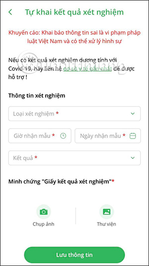 Giao diện điền kết quả xét nghiệm PC-Covid