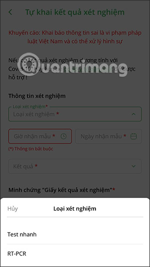 Loại kết quả xét nghiệm Covid