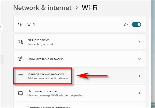 Nhấp vào “Manage Known Networks”