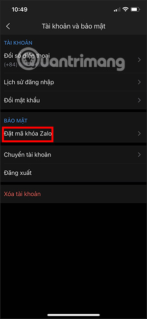 Đặt mã khóa Zalo