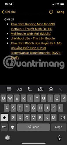 Dán tất cả liên kết trong nhóm tab vào ứng dụng Ghi Chú