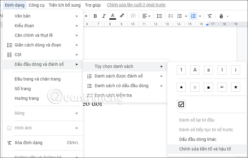 Chỉnh sửa tiền tố trong list Google Docs