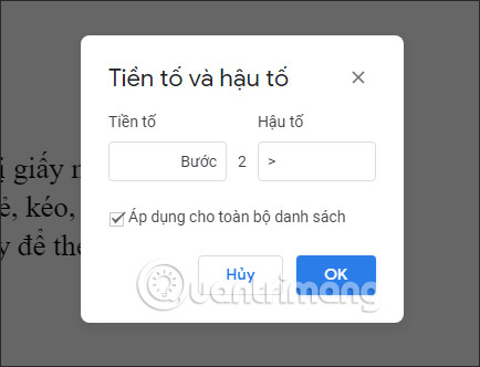 Điền tiền tố hậu tố trong list Google Docs