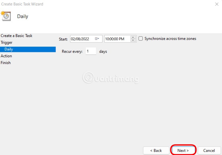 Ví dụ lịch trình tắt máy 10 giờ tối hàng ngày