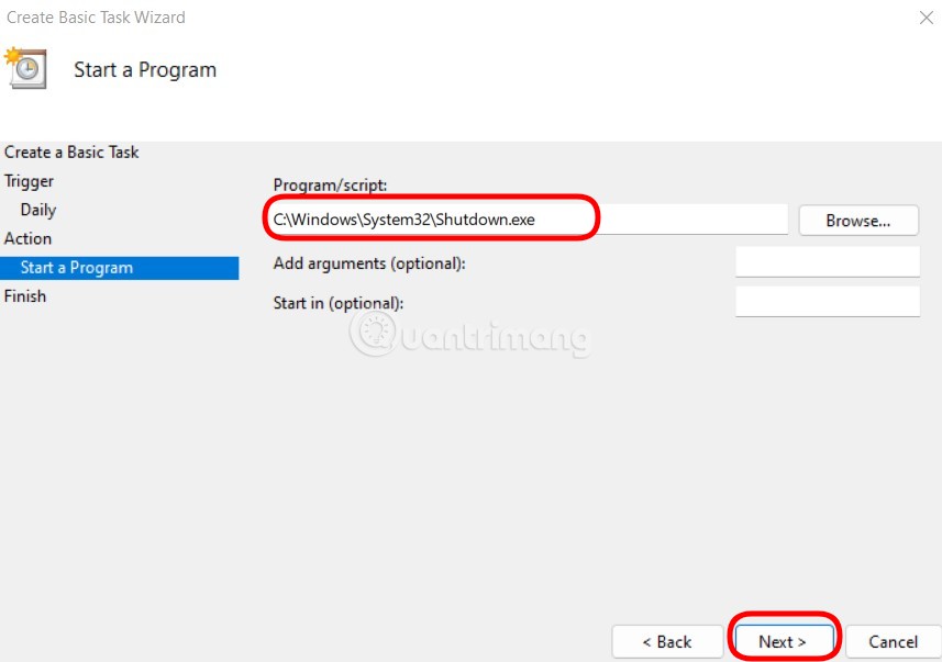 Nhập đường dẫn tới file shutdown.exe