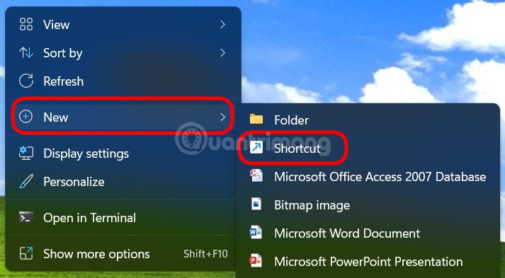 Nhấn chuột phải chọn New > Shortcut