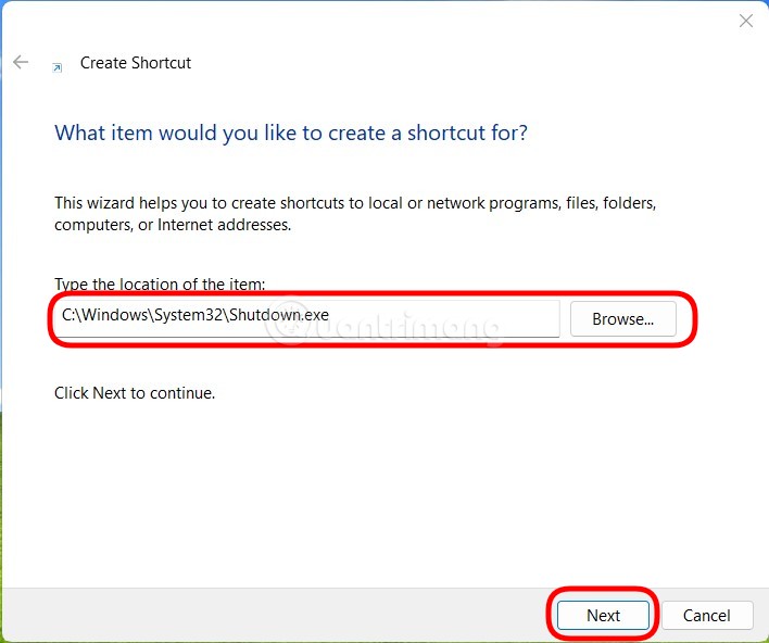 Điền đường dẫn tới file shutdown.exe cho shortcut