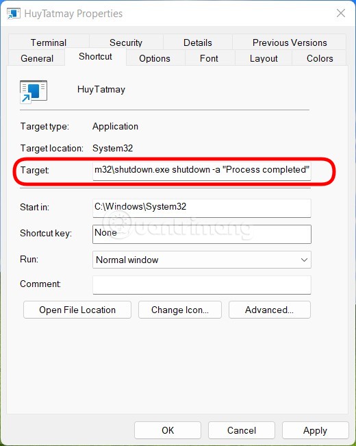 Thêm lệnh vào cuối đường dẫn trong ô Target