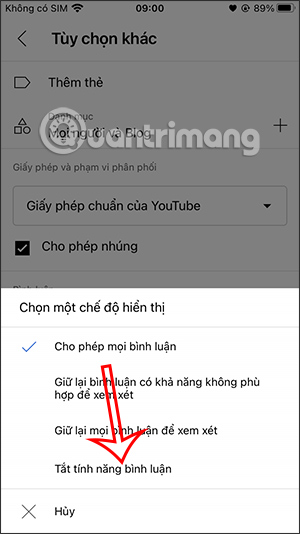 Tắt bình luận video Youtube điện thoại