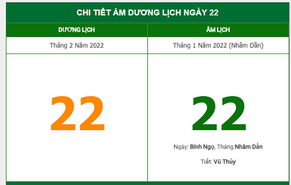 Xem lịch ngày 22/2/2022
