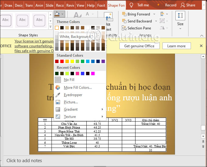 Thay đổi giao diện file Excel trong PowerPoint