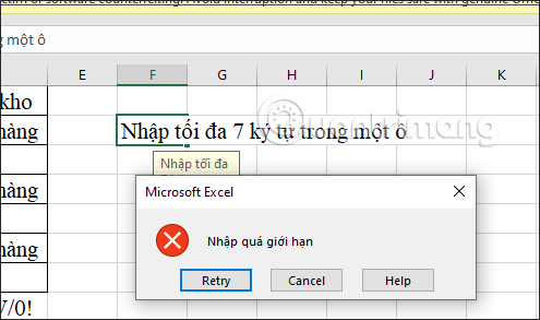 Thông báo vượt quá ký tự cho ô trong Excel